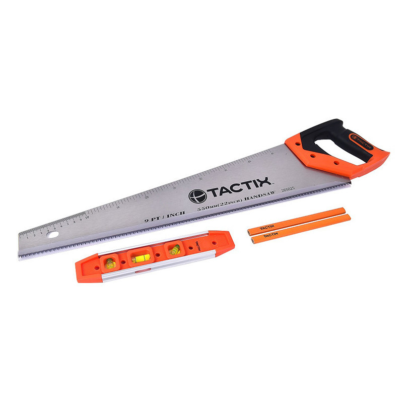 Jeu de 4 pièces Scie /  Crayons (2) / Niveau de marque TACTIX.