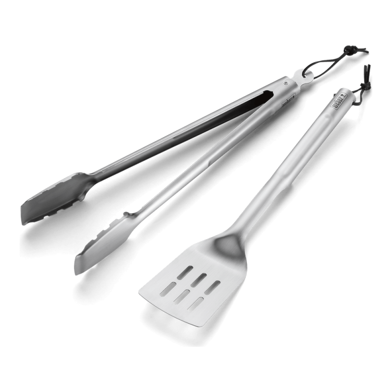 Ensemble d'ustensiles composé d'une spatule et d'une pince pour barbecue WEBER.